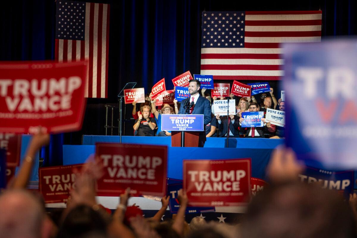 Republican vice president nominee Sen. JD Vance (R-Ohio) speaks at his first rally since nominated as vice president for former President Donald J. Trump at Middletown High School in Middletown, Ohio, on July 22, 2024. (Madalina Vasiliu/The Epoch Times)