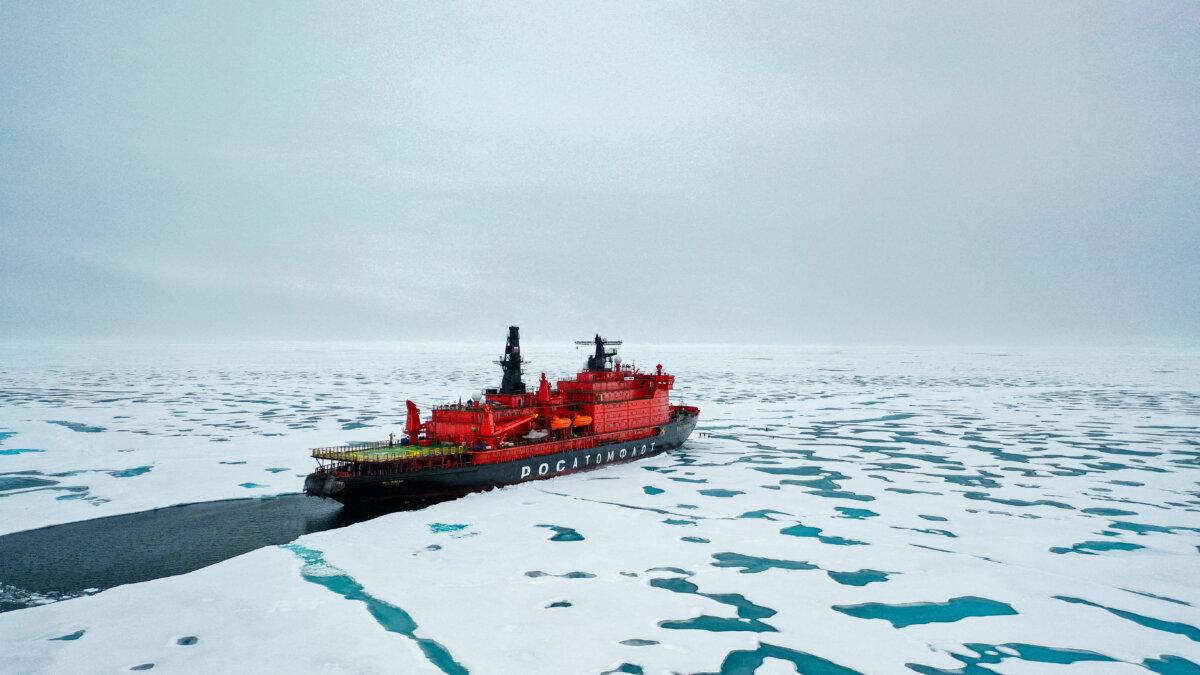 The Russian nuclear-powered icebreaker "50 Years of Victory" at the North Pole on Aug. 18, 2021. (Ekaterina Anisimova/AFP via Getty Images)
