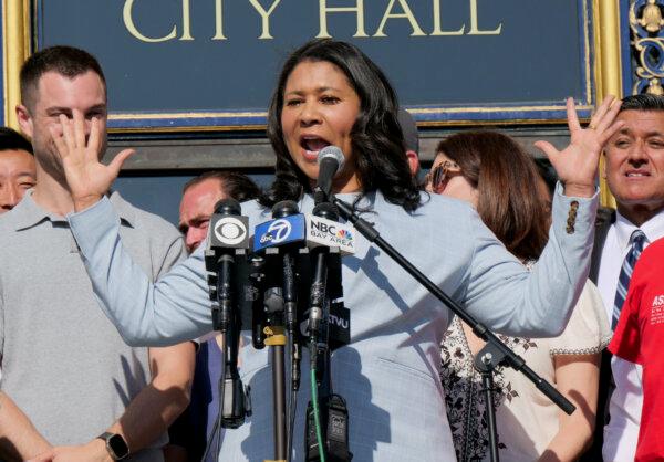 San Francisco Mayor London Breed told the crowd that Vice President Kamala Harris "shows up for people time and time again.” (Travis Gillmore/The Epoch Times)