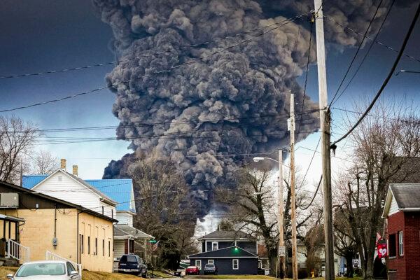 A neighborhood near the train wreck where vinyl chloride from derailed tank cars was vented and burned in East Palestine, Ohio, on Feb. 6, 2023. (Gene J. Puskar/AP Photo/File)