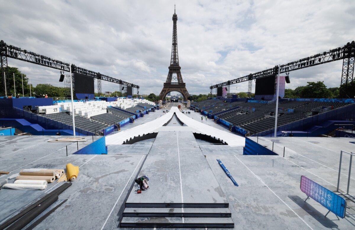 The Trocadero location of the Opening Ceremony, with the Tour Eiffel Tower pictured on July 23, 2024, during preparations ahead of the Paris 2024 Olympic Games in France. (Benoit Doppagne/Belga Mag/AFP via Getty Images)