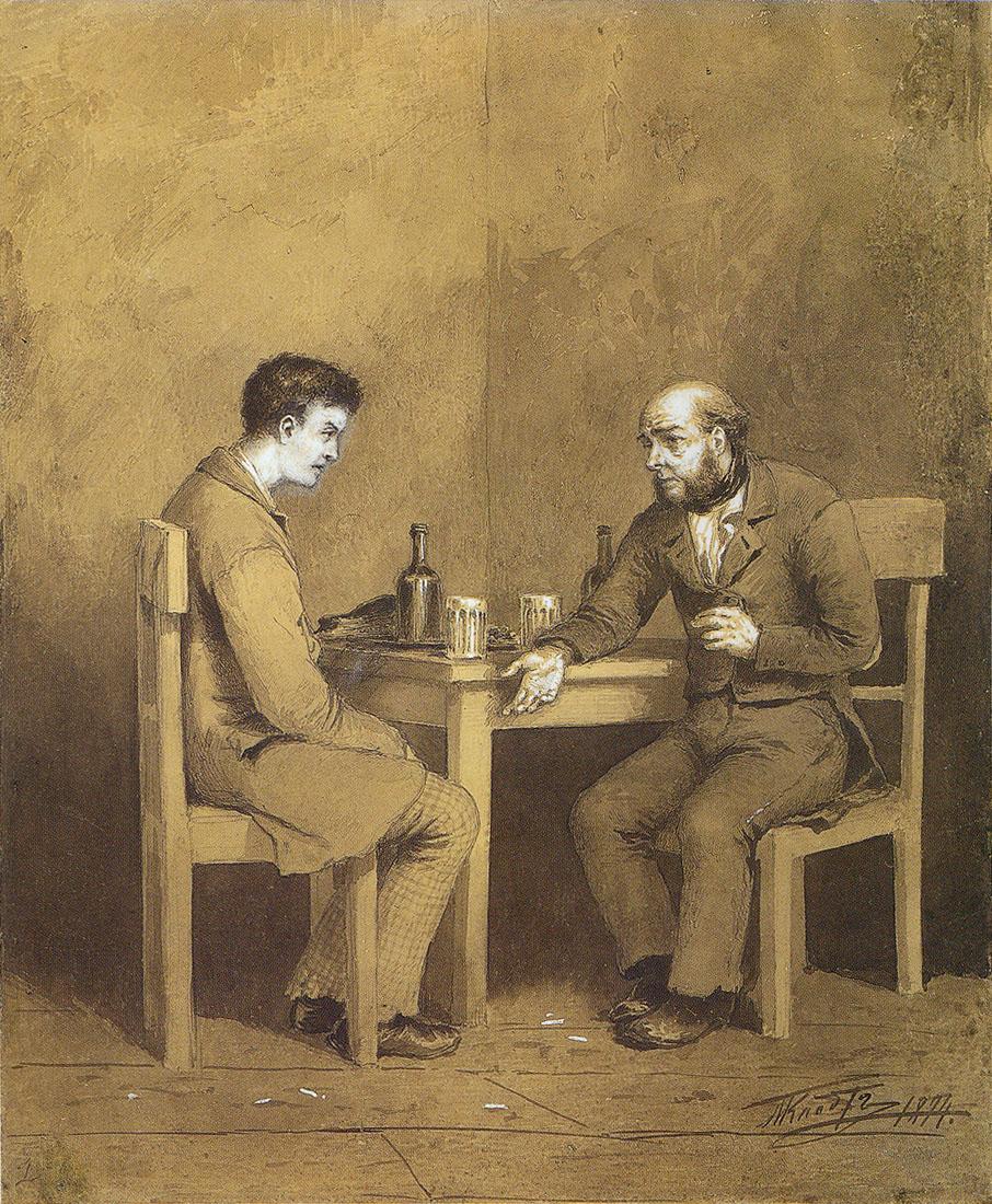 "Raskolnikov and Marmeladov from 'Crime and Punishment'," 1874, Michail Petrovich Klodt. Watercolor; 12 1/2 inches by 10 3/5 inches. Moscow. (Public Domain)