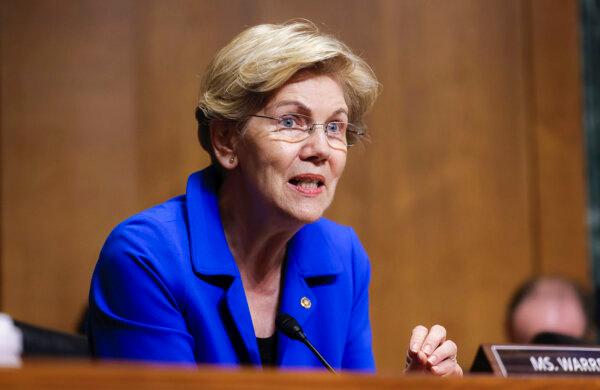 Sen. Elizabeth Warren (D-Mass.) during a hearing on Capitol Hill in Washington on June 8, 2021. (Evelyn Hockstein/Getty Images)