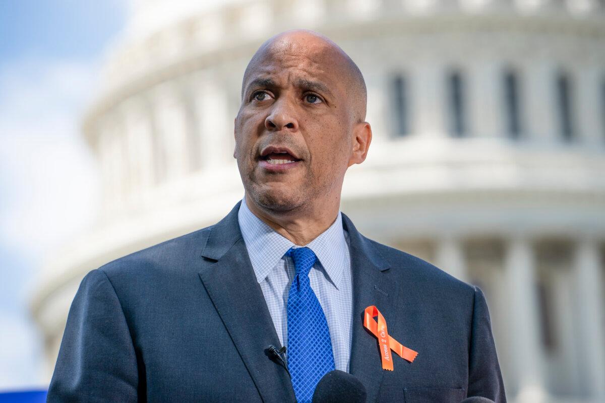 Sen. Cory Booker (D-N.J.) speaks during a news conference on Capitol Hill in Washington on June 12, 2024. (Madalina Vasiliu/The Epoch Times)