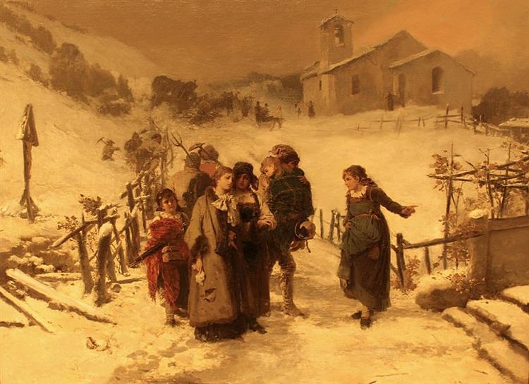 A family makes a fateful choice when an avalanche occurs. “The Avalanche,” 1886, by Gerolamo Induno. (Public Domain)