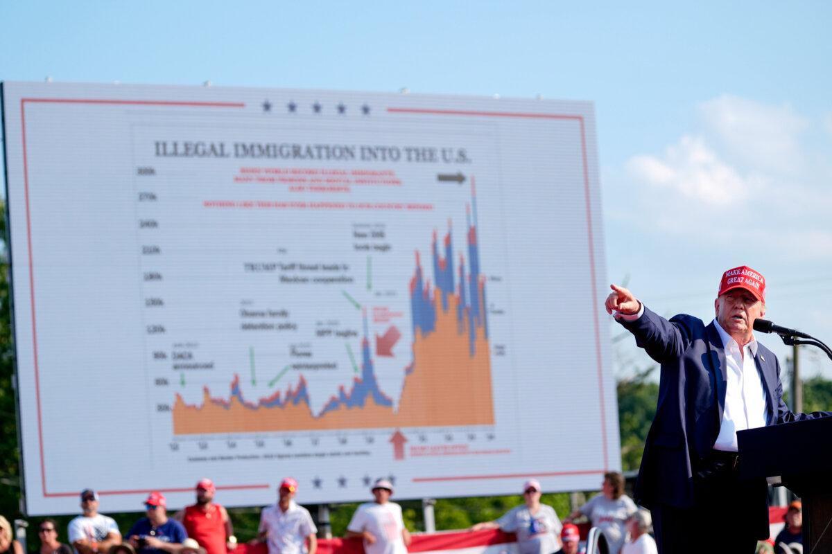 Former President Donald Trump points to an immigration data chart on display moments before he was shot at Butler Farm Show in Butler, Pa., on July 13, 2024.. (Evan Vucci/AP Photo)