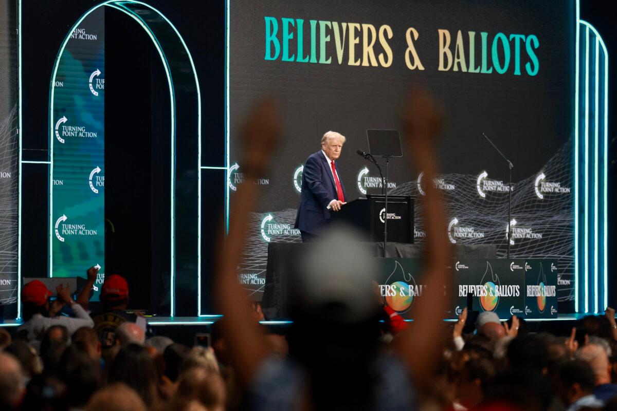 Former President Donald Trump speaks during a Turning Point USA Believers' Summit conference at the Palm Beach Convention Center in West Palm Beach, Fla., on July 26, 2024. (Joe Raedle/Getty Images)
