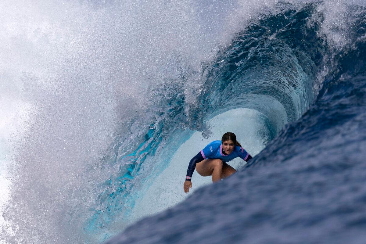 Caroline Marks of Team United States rides a wave during round one of surfing on day one of the Olympic Games Paris 2024 in Teahupo'o, French Polynesia on July 27, 2024. (Sean M. Haffey/Getty Images)