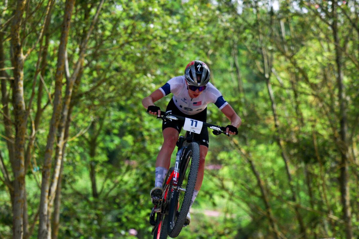 Team USA's Haley Batten competes in the women's cross-country mountain biking event during the Paris 2024 Olympic Games in Elancourt Hill venue in Elancourt, on July 28, 2024. (Emmanuel Dunand / AFP via Getty Images)