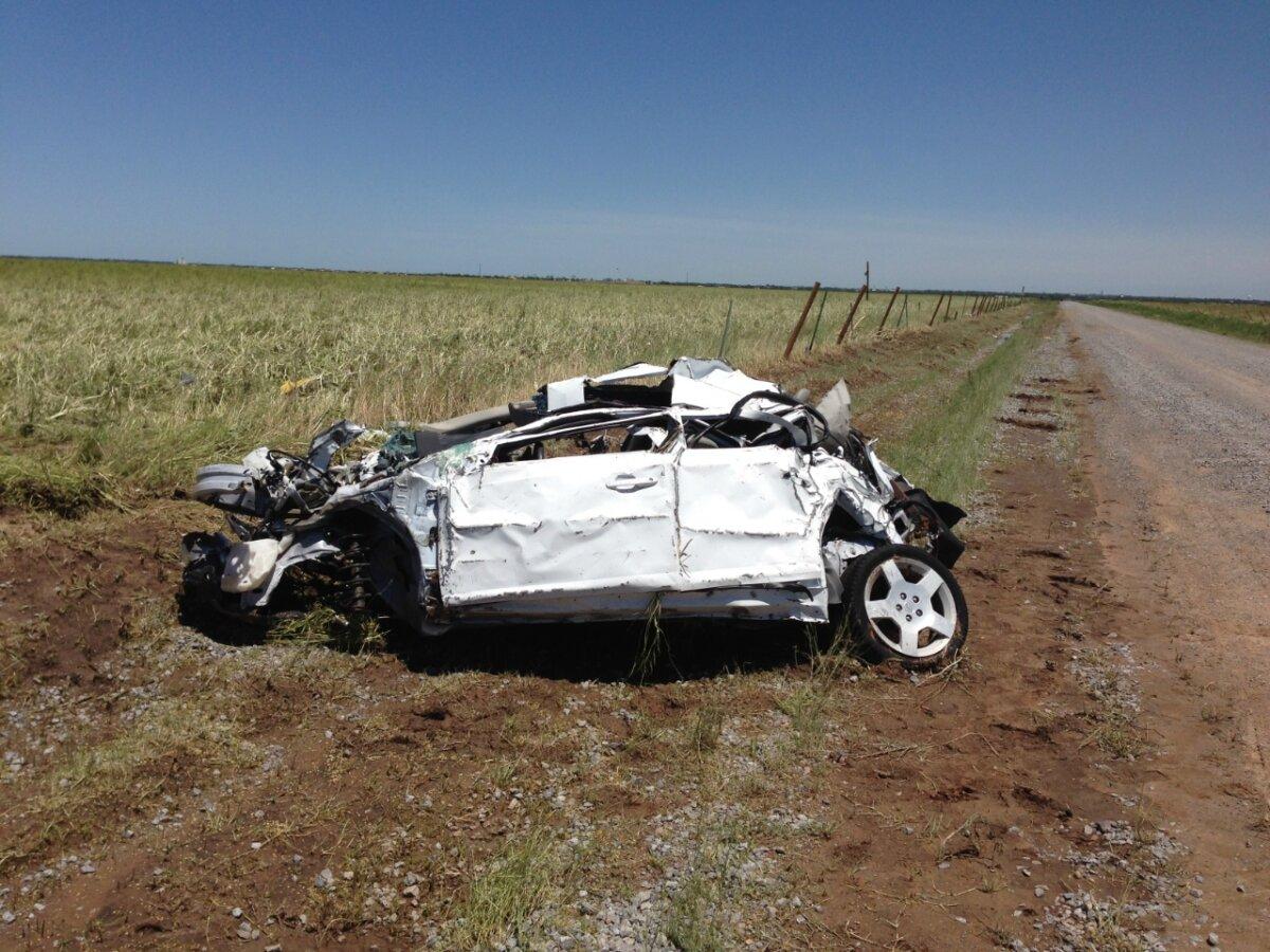 The remains of the TWISTEX vehicle found approximately five mi southeast of El Reno, Oklahoma. National Weather Service. (Public Domain)