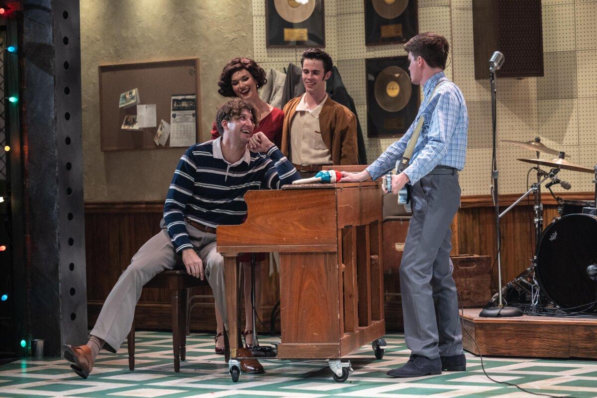 (L-R) Jerry Lee Lewis (Austin Dean Shaw), Dyanne (Hannah Silverman), Elvis Presley (Keegan Sells), and Carl Perkins (Joey Chelius) gather round the piano, in "Million Dollar Quartet." (Jennifer Heim)