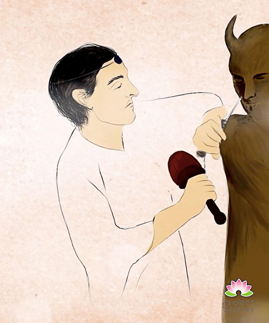 The sculptor making a statue of a demon. (Courtesy of <a href="https://www.ganjingworld.com/channel/1eiqjdnq7go26SteQuEmEypNM18n0c">Ancient Stories</a>)