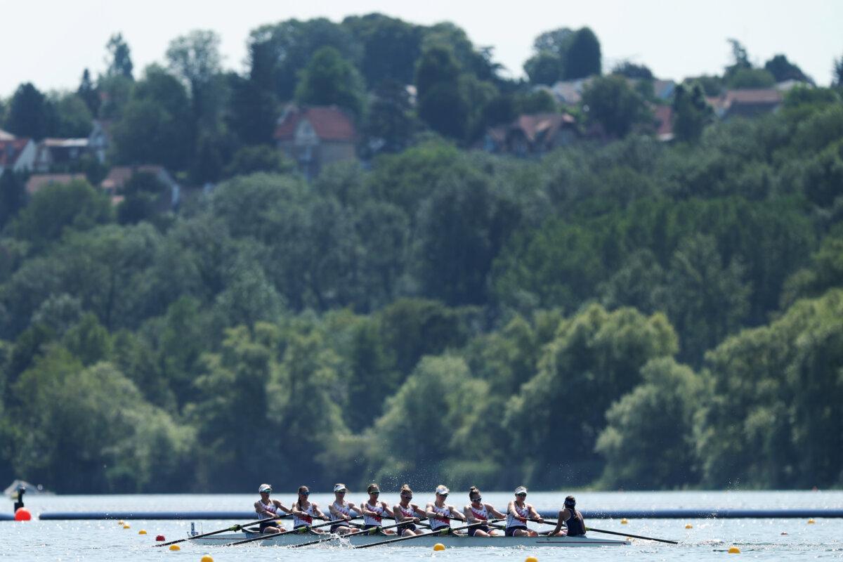 Team United States competein the Rowing Women's Eight heat on day three of the Olympic Games Paris 2024 at Vaires-Sur-Marne Nautical Stadium in Paris on July 29, 2024. (Francois Nel/Getty Images)