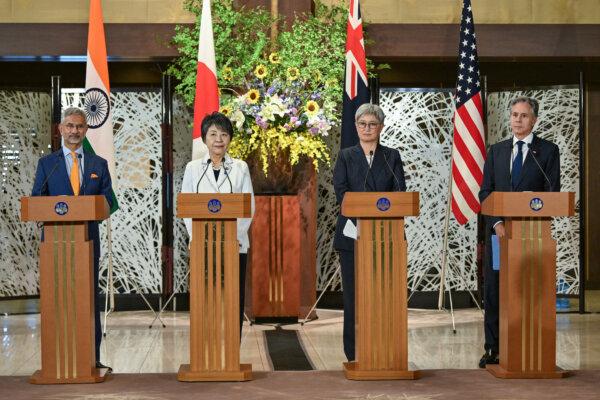 (L to R) India's Foreign Minister Subrahmanyam Jaishankar, Japan's Foreign Minister Yoko Kamikawa, Australia's Foreign Minister Penny Wong, and U.S. Secretary of State Antony Blinken take part in a press conference after the Quad Ministerial Meeting at the Iikura Guest House in Tokyo on July 29, 2024. (Kazuhiro Nogi/AFP via Getty Images)