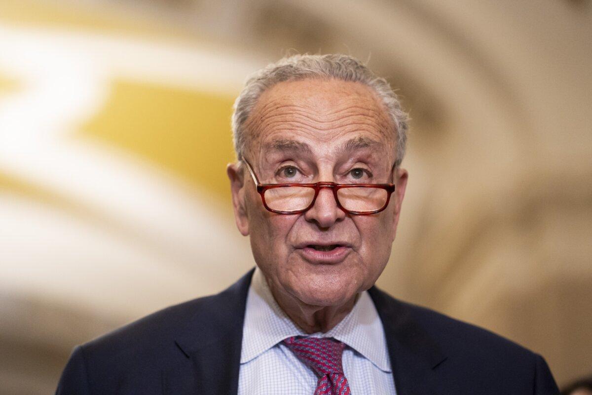 Sen. Chuck Schumer (D-N.Y.) speaks during the weekly Senate presser in the U.S. Capitol building in Washington on July 9, 2024. (Madalina Vasiliu/The Epoch Times)