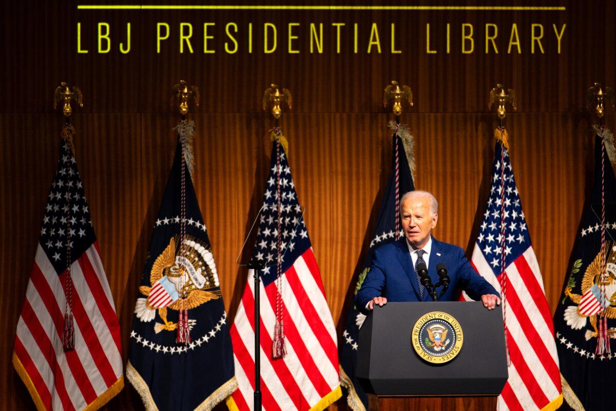 President Joe Biden speaks to attendees while commemorating the 60th anniversary of the Civil Rights Act at the Lyndon Baines Johnson Presidential Library in Austin, Texas, on July 29, 2024. (Brandon Bell/Getty Images)