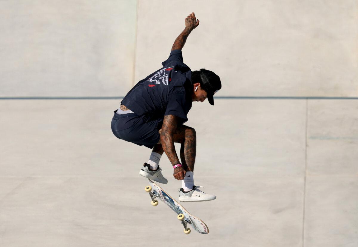 Nyjah Huston of Team United States competes during the Men's Street Finals on day three of the Olympic Games Paris 2024 at Place de la Concorde in Paris on July 29, 2024. (Patrick Smith/Getty Images)
