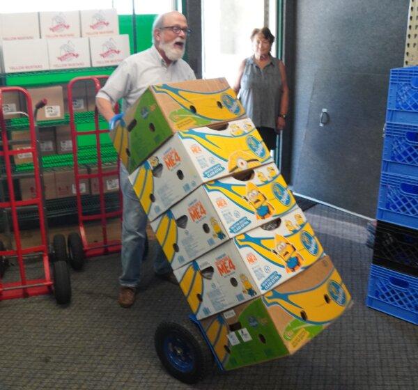 Food bank volunteer Bob rolls a cart full of donated bananas into the Blue Water Community Food Depot in Port Huron, Mich., on July 26, 2024. (Steven Kovac/Epoch Times)