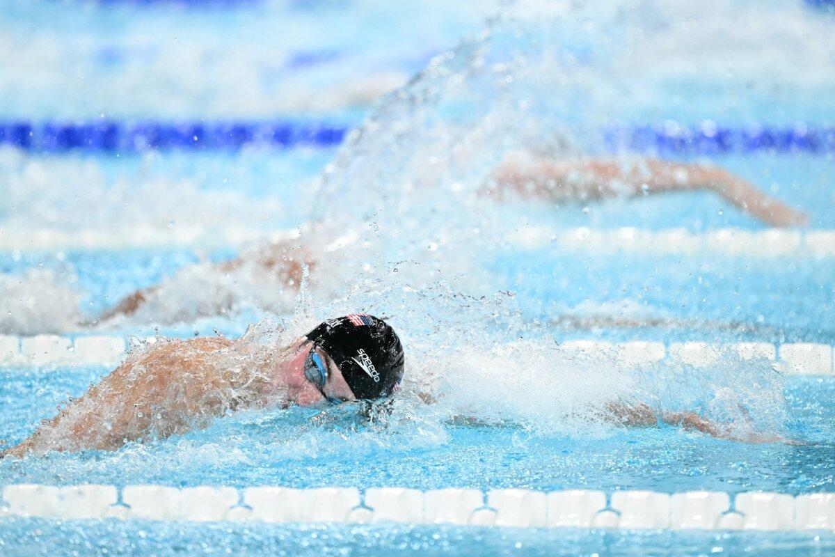 US' Jack Alexy competes in a semifinal of the men's 100m freestyle swimming event during the Paris 2024 Olympic Games at the Paris La Defense Arena in Nanterre, west of Paris, on July 30, 2024. (Jonathan Nackstrand/ AFP via Getty Images)