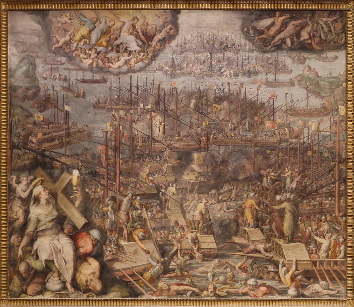 "The Battle of Lepanto," 1572, by Giorgio Vasari. Fresco. The Regia Hall in the Apostolic Palace at the Vatican, Rome. (<a href="https://commons.wikimedia.org/wiki/File:Giorgio_vasari_e_aiuti,_la_battaglia_di_lepanto,_1572-73,_01.jpg" target="_blank" rel="nofollow noopener">Sailko</a>/<a href="https://creativecommons.org/licenses/by/3.0/deed.en" target="_blank" rel="nofollow noopener">CC BY 3.0</a>)