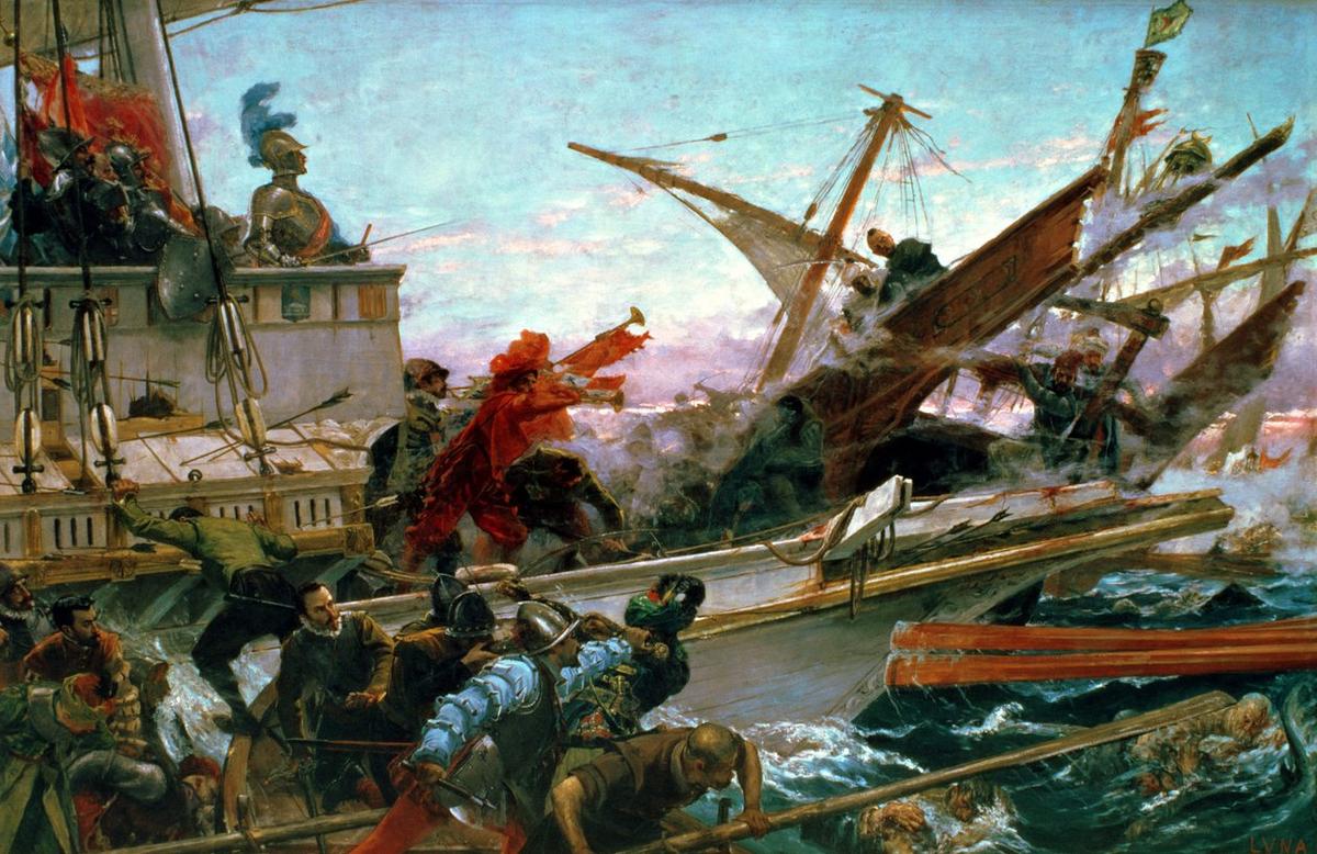 "Naval Battle of Lepanto (October 7, 1571)," 1887, by Juan Luna. Oil on canvas. Palace of the Senate, Madrid. (Public Domain)