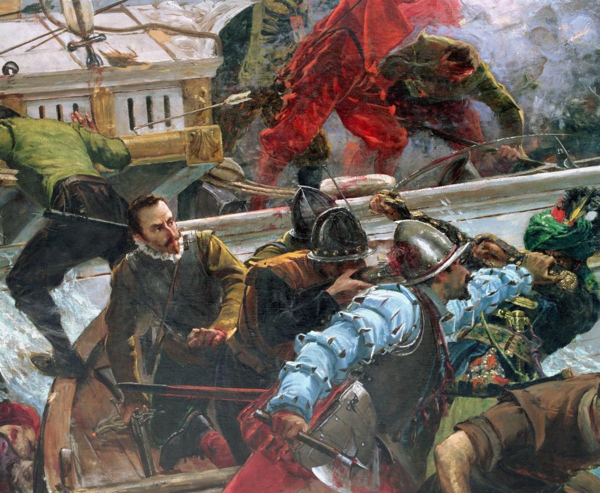 A detail of Miguel de Cervantes, with a wounded left hand, from "Naval Battle of Lepanto (October 7, 1571)," 1887, by Juan Luna. (Public Domain)