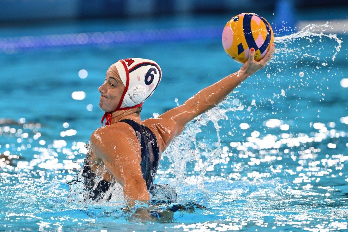 U.S.' #06 Maggie Steffens shoots the ball in the women's water polo preliminary round group B match between U.S. and Spain during the Paris 2024 Olympic Games at the Aquatics Centre in Saint-Denis, north of Paris, on July 29, 2024. (Andreas Solaro/AFP via Getty Images)