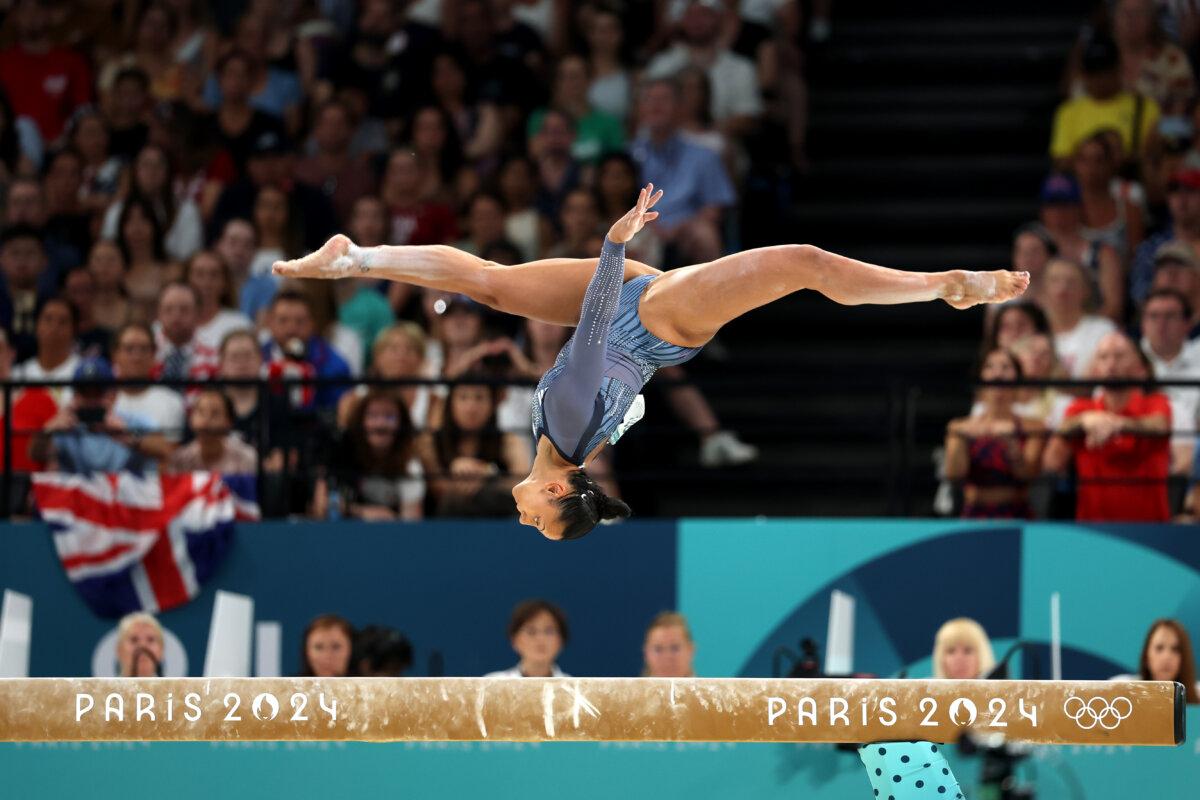 Rebecca Downie of Team Great Britain competes on the balance beam during the Artistic Gymnastics Women's Team Final on day four of the Olympic Games Paris 2024 at Bercy Arena in Paris on July 30, 2024. (Naomi Baker/Getty Images)