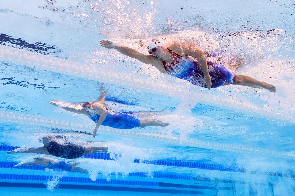 Katie Ledecky of Team United States competes in the Women’s 1500m Freestyle Heats on day four of the Olympic Games Paris 2024 at Paris La Defense Arena on July 30, 2024 in Nanterre, France. (Quinn Rooney/Getty Images)
