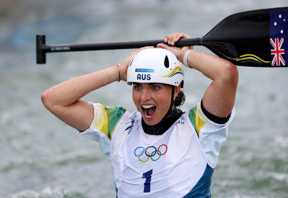 Jessica Fox of Team Australia celebrates during the Canoe Slalom Women's Canoe Single Final on day five of the Olympic Games Paris 2024 at Vaires-Sur-Marne Nautical Stadium in Paris on July 31, 2024. (Justin Setterfield/Getty Images)