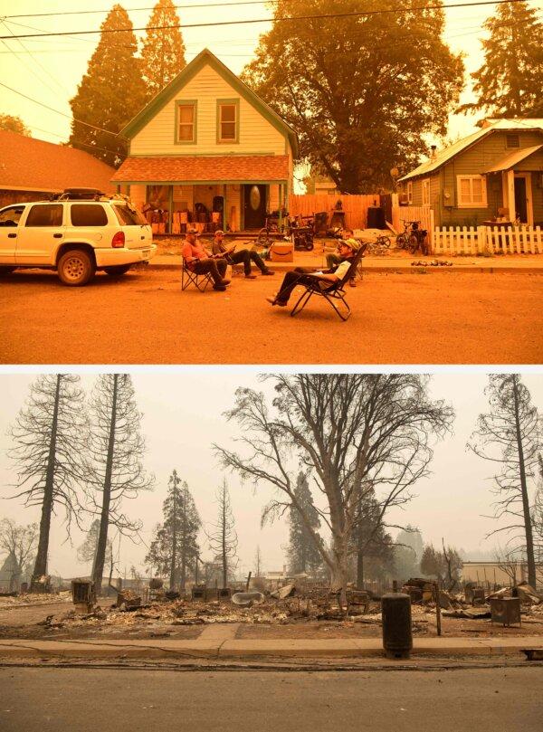 California’s 10 Largest Wildfires and What Caused Them | USNN World News (From top) A before-and-after image shows residents sitting in front of their home, after a mandatory evacuation order was places, before it burned on July 23, 2021 and after it burned in Greenville, Calif., on Aug. 7, 2021. (Josh Edelson/AFP via Getty Images)
