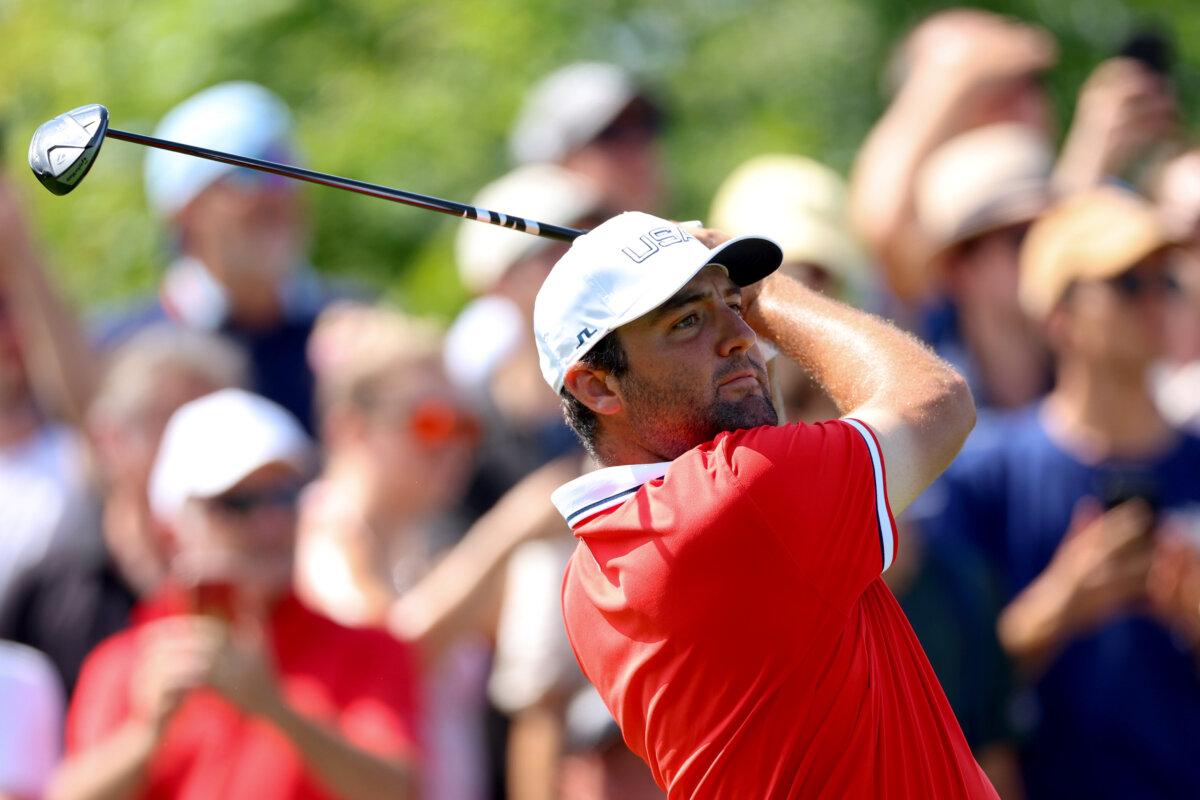 Scottie Scheffler of Team United States tees off on the sixth hole during Day One of the Men's Individual Stroke Play on day six of the Olympic Games Paris 2024 at Le Golf National in Paris on August 1, 2024 (Andrew Redington/Getty Images)