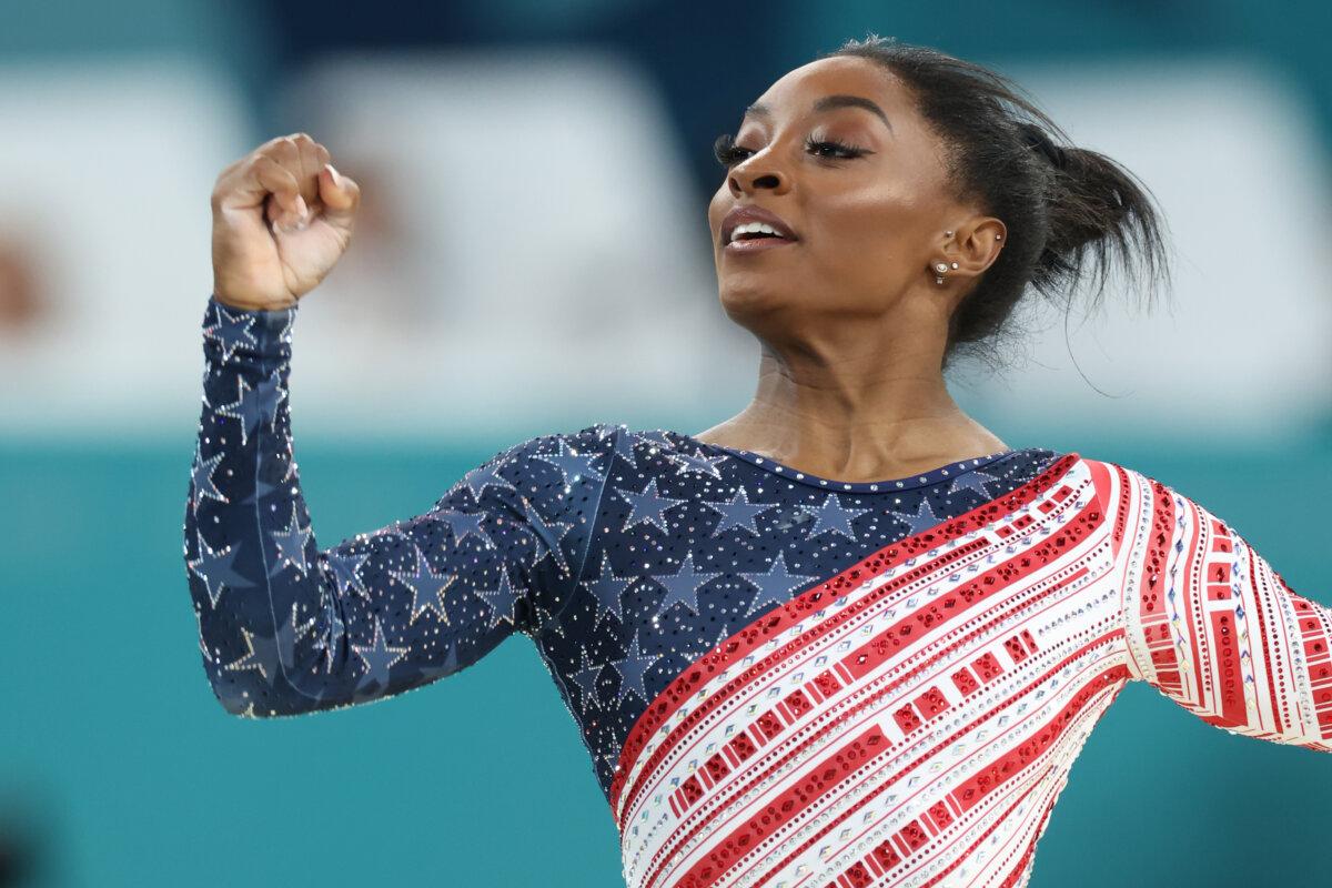 Simone Biles of Team United States competes in the floor exercise during the Artistic Gymnastics Women's Team Final on day four of the Olympic Games Paris 2024 at Bercy Arena in Paris on July 30, 2024. (Pascal Le Segretain/Getty Images)