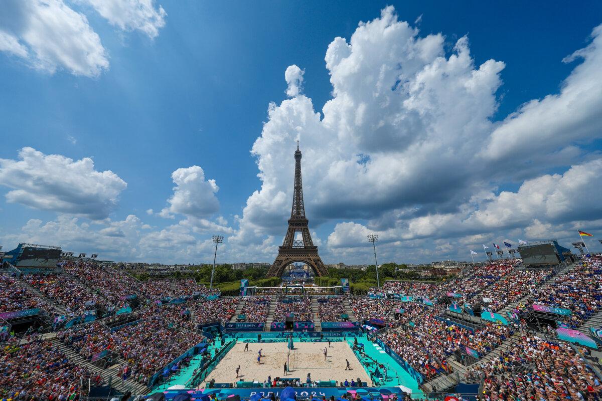 The Eiffel Tower is seen in a general view during the Men's Preliminary Phase-Pool A match between Team United States and Team Brazil on day six of the Olympic Games Paris 2024 in Paris on August 1, 2024. (Lintao Zhang/Getty Images)