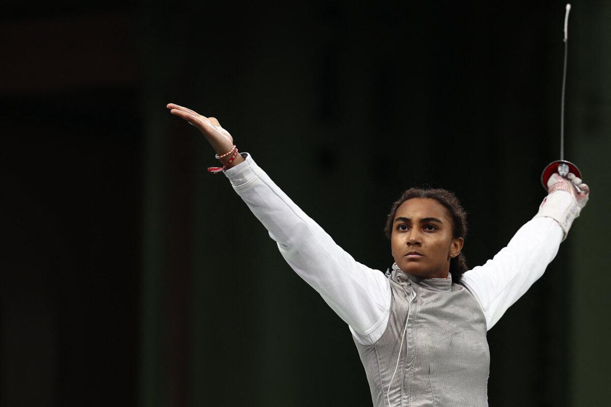 Lauren Scruggs of Team United States celebrates after victory in the women's foil team semi-final bout between Canada and USA during the Paris 2024 Olympic Games at the Grand Palais in Paris, on August 1, 2024. (Franck Fife/AFP via Getty Images)
