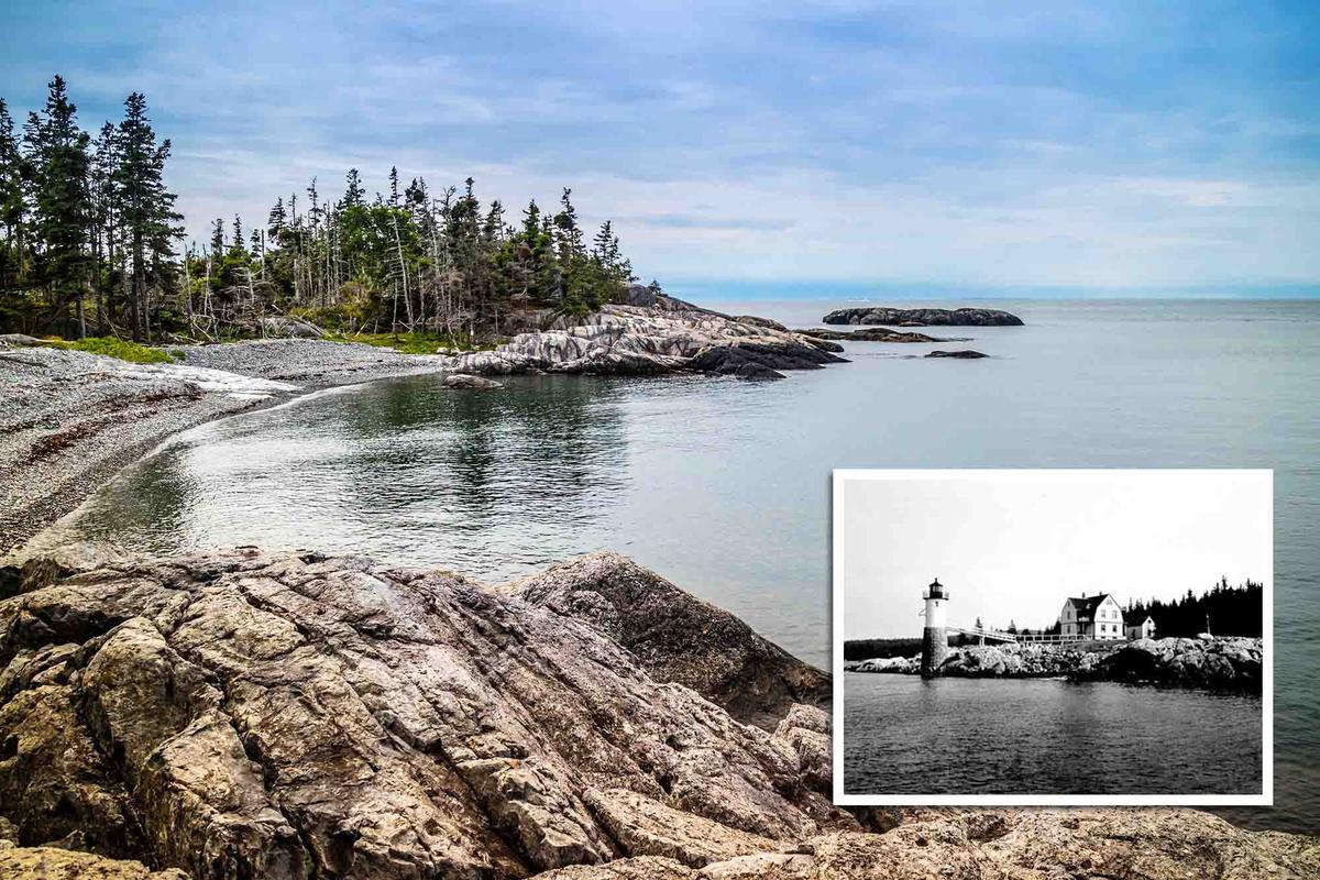 A rocky shoreline on Isle au Haut (Cheri Alguire/Shutterstock); (Inset) The lighthouse (<a href="https://commons.wikimedia.org/wiki/File:Isle_au_Haut_Light_Station.JPG">Public Domain</a>).