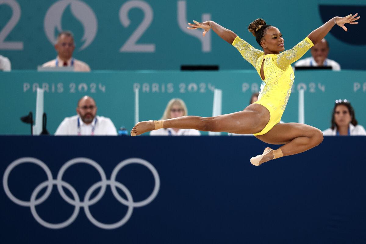 Rebeca Andrade of Team Brazil competes in the floor exercise during the Artistic Gymnastics Women's All-Around Final on day six of the Olympic Games Paris 2024 at Bercy Arena in Paris on August 1, 2024. (Naomi Baker/Getty Images)