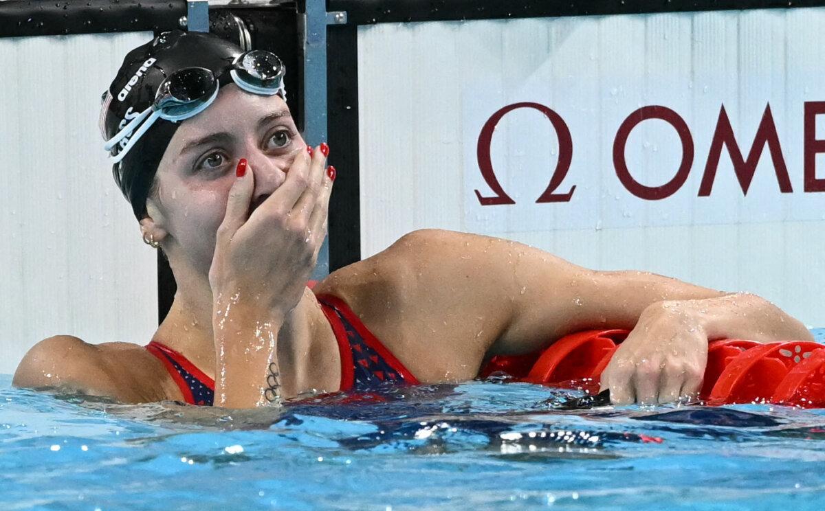 US' Kate Douglass reacts after winning the final of the women's 200m breastsroke swimming event during the Paris 2024 Olympic Games at the Paris La Defense Arena in Nanterre, west of Paris on August 1, 2024. (Sebastien Bozon/AFP via Getty Images)