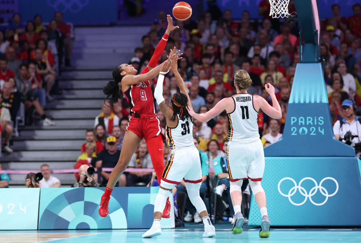 A'Ja Wilson #9 of Team USA shoots over Maxuella Lisowa Mbaka #31 of Team Belgium during a women's basketball game between the United States and Belgium at the Olympic Games Paris 2024 at Stade Pierre Mauroy in Lille, France on Aug. 1, 2024. (Gregory Shamus/Getty Images)