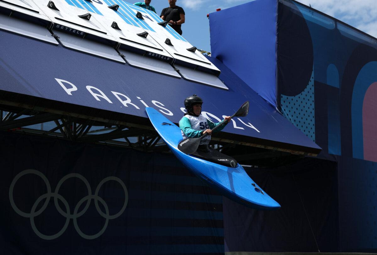 Sofia Reinoso of Team Mexico practices the Kayak Cross start at Vaires-Sur-Marne Nautical Stadium in Paris on July 21, 2024. (Alex Davidson/Getty Images)