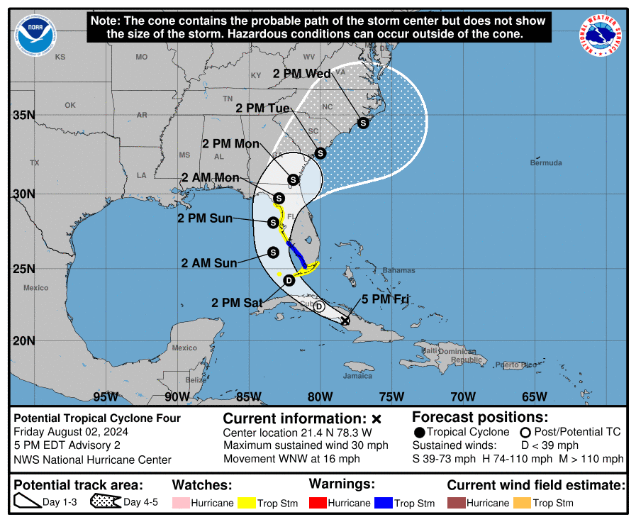 National Hurricane Center's forecasted track of Potential Tropical Cyclone Four as of 5 p.m. on Aug. 2, 2024 (National Hurricane Center/National Weather Service).
