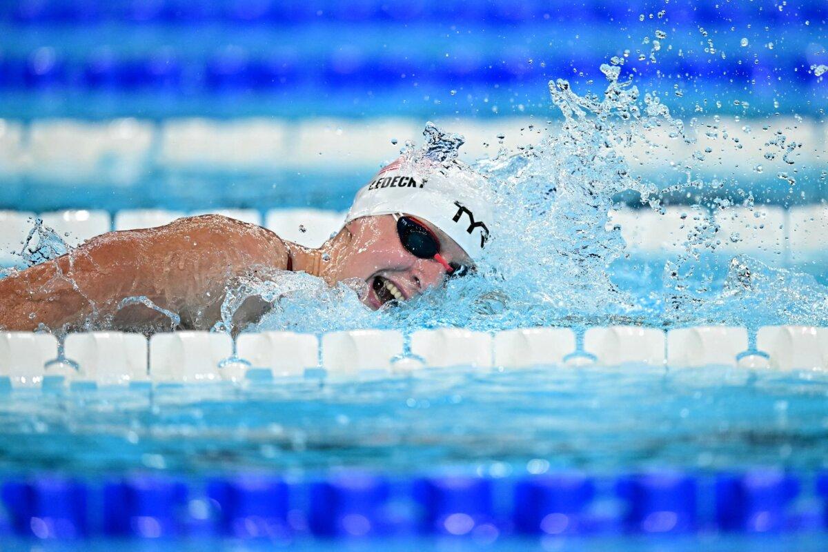 US' Katie Ledecky competes in a heat of the women's 800m freestyle swimming event during the Paris 2024 Olympic Games at the Paris La Defense Arena in Nanterre, west of Paris, on August 2, 2024. (Manan Vatsyayana/AFP via Getty Images)