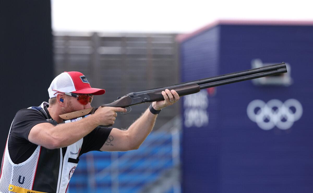 Vincent Hancock of Team United States competes in the Shooting Skeet Men's Final on day eight of the Olympic Games Paris 2024 at Chateauroux Shooting Centre in Chateauroux, France on August 3, 2024. (Charles McQuillan/Getty Images)