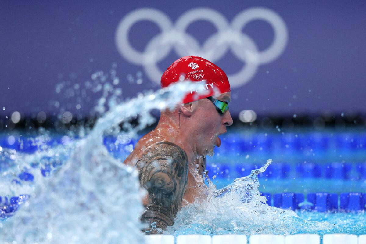 Adam Peaty of Team Great Britain competes in the Men's 4x100m Medley Relay Heats on day eight of the Olympic Games Paris 2024 at Paris La Defense Arena in Nanterre, France on August 3, 2024. (Adam Pretty/Getty Images)