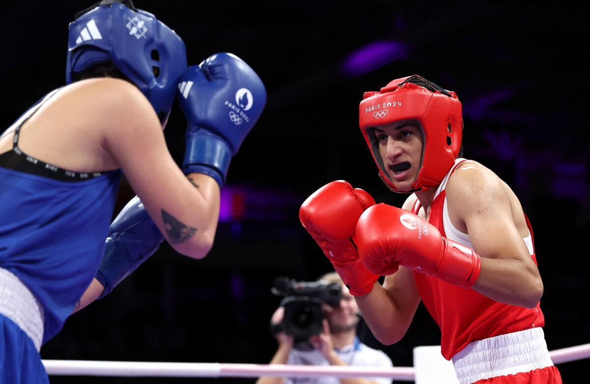 Imane Khelif of Team Algeria looks on against Anna Luca Hamori of Team Hungary during the Women's 66kg Quarter-final round match on day eight of the Olympic Games Paris 2024 at North Paris Arena in Paris on August 3, 2024. (Richard Pelham/Getty Images)