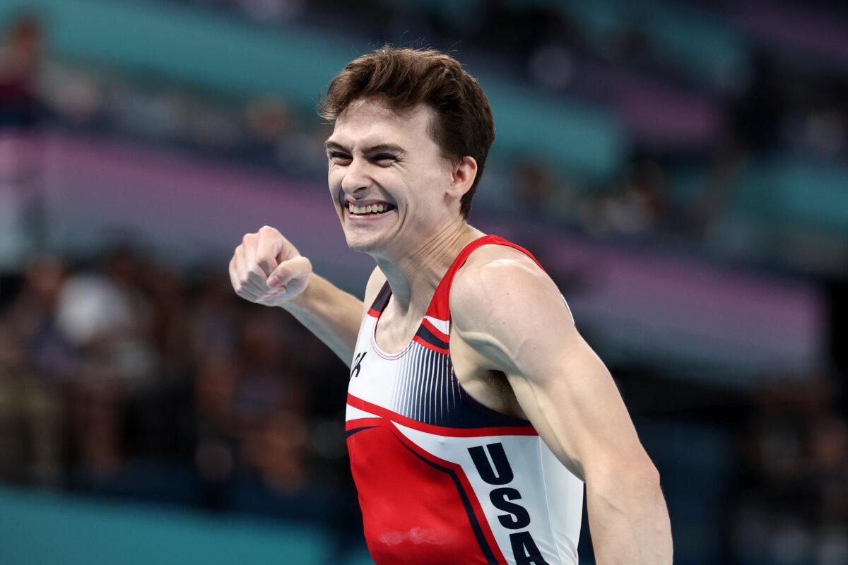 Stephen Nedoroscik of Team United States celebrates after finishing his routine during the Artistic Gymnastics Men's Pommel Horse Final on day eight of the Olympic Games Paris 2024 at Bercy Arena in Paris on August 3, 2024. (Julian Finney/Getty Images)