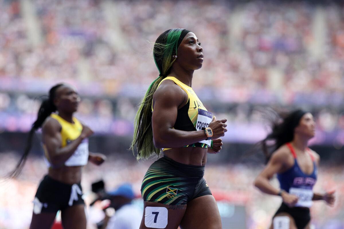 Shelly-Ann Fraser-Pryce of Team Jamaica reacts during the Women's 100m Round 1 Heat 6 on day seven of the Olympic Games Paris 2024 at Stade de France in Paris on August 2, 2024. (Hannah Peters/Getty Images)