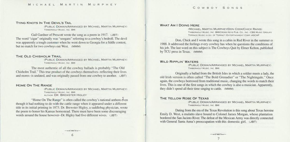 Inside of the CD brochure for "Cowboy Songs" by Michael Martin Murphey. Internet Archive. (Public Domain)