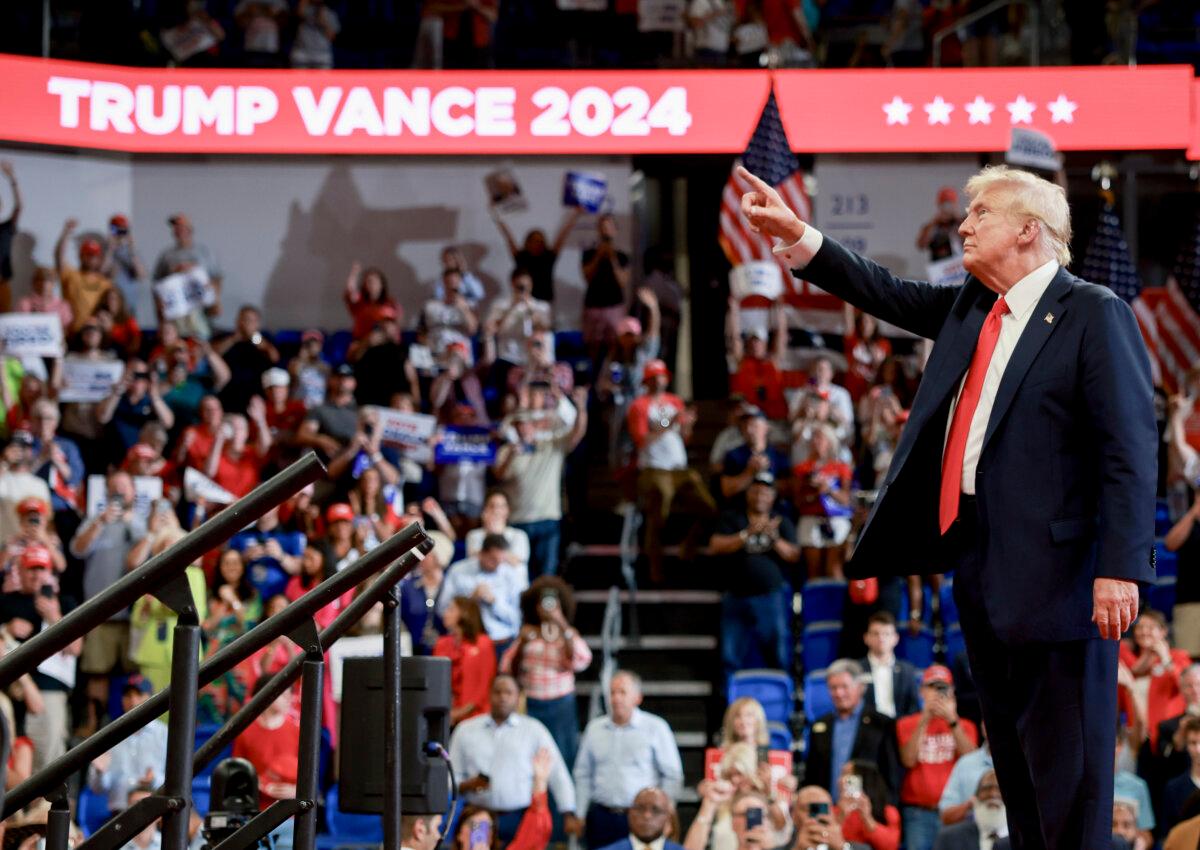 Republican presidential nominee, former President Donald Trump speaks during a rally at the Georgia State University Convocation Center in Atlanta, Ga., on Aug. 3, 2024. (Joe Raedle/Getty Images)