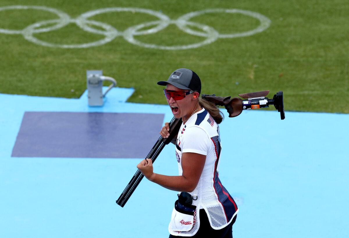 Austen Jewell Smith of Team United States reacts after winning the bronze medal after competing in the Shooting Skeet Women's Final on day nine of the Olympic Games Paris 2024 at Chateauroux Shooting Centre in Chateauroux, France on August 4, 2024. (Charles McQuillan/Getty Images)